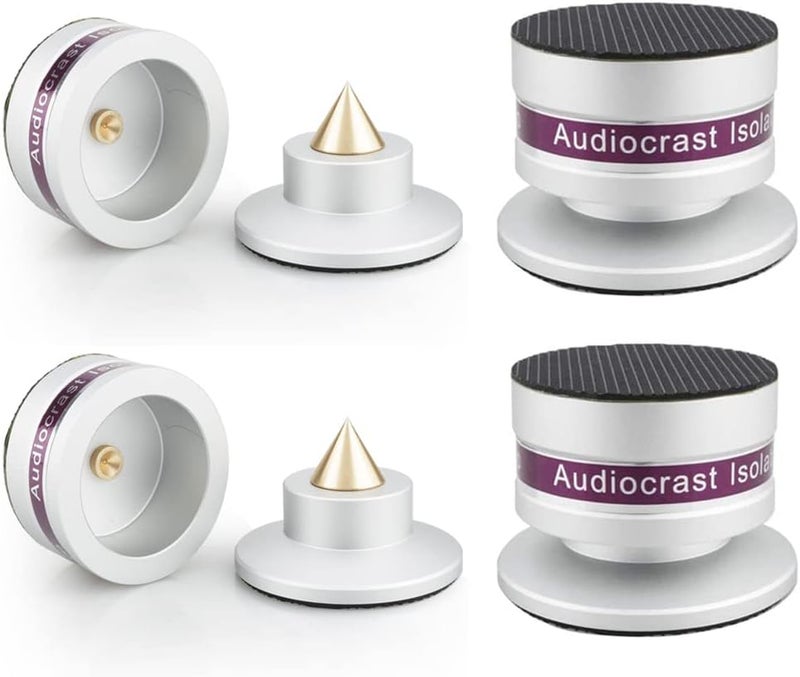 Tertullus 4 Pcs Aluminum Speaker Spike+Speaker Isolation Feet Top Pad Turntable Isolation Feet for Amplifier Turntable Player Subwoofer Silver - Image 1